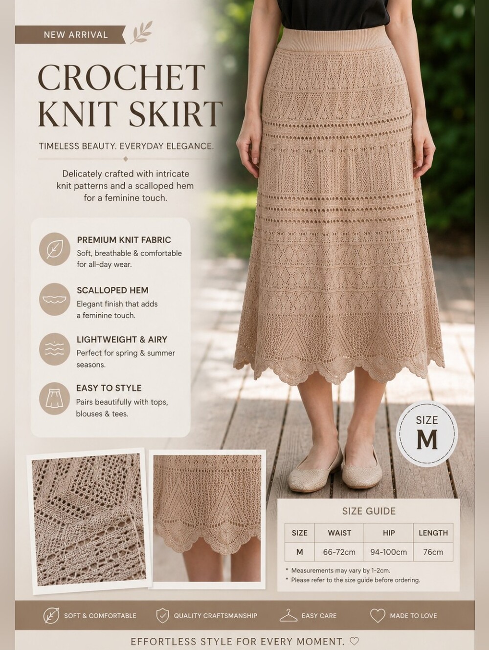 Crochet Midi Skirt in Beige — Women's Knit A-Line